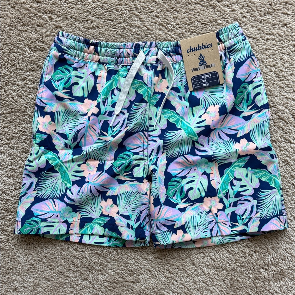 chubbies Navy Tropical Leaf Swim Trunks with Mint & Pink Accents